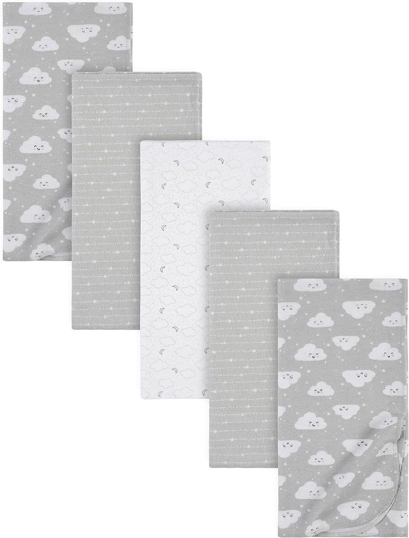 Gerber Boys and Girls Newborn Infant Baby Toddler Nursery 100% Cotton Flannel Receiving Swaddle Blanket, Clouds Grey, 5-Pack