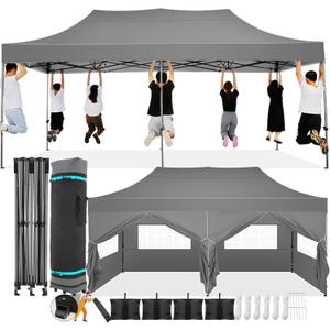 COBIZI 10x20 Pop Up Canopy with 6 Sidewall,Heavy Duty Canopy UPF 50+ All Season Wind Waterproof Commercial Outdoor Wedding Party Tents for Parties Canopy Gazebo with Roller Bag(10 x 20 ft Gray)