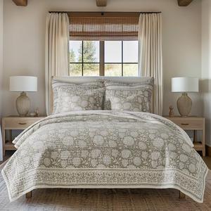 Levtex Home Adare Taupe Reversible Full/Queen Quilt Set (88x92in) and 2 Pillow Shams (26x20in) - Floral Bedding - Taupe White - Cotton Full/Queen Size Quilt Bedding Set - Lightweight, Soft, Pre-Washed