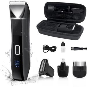 Body Trimmer for Men, Groin & Body Hair Trimmer, Ball Foil Shaver, Nose Hair Clippers, 3 in 1 Men's Waterproof Wet/Dry Groomer with Travel Case &Travel Lock, LED Display, Black
