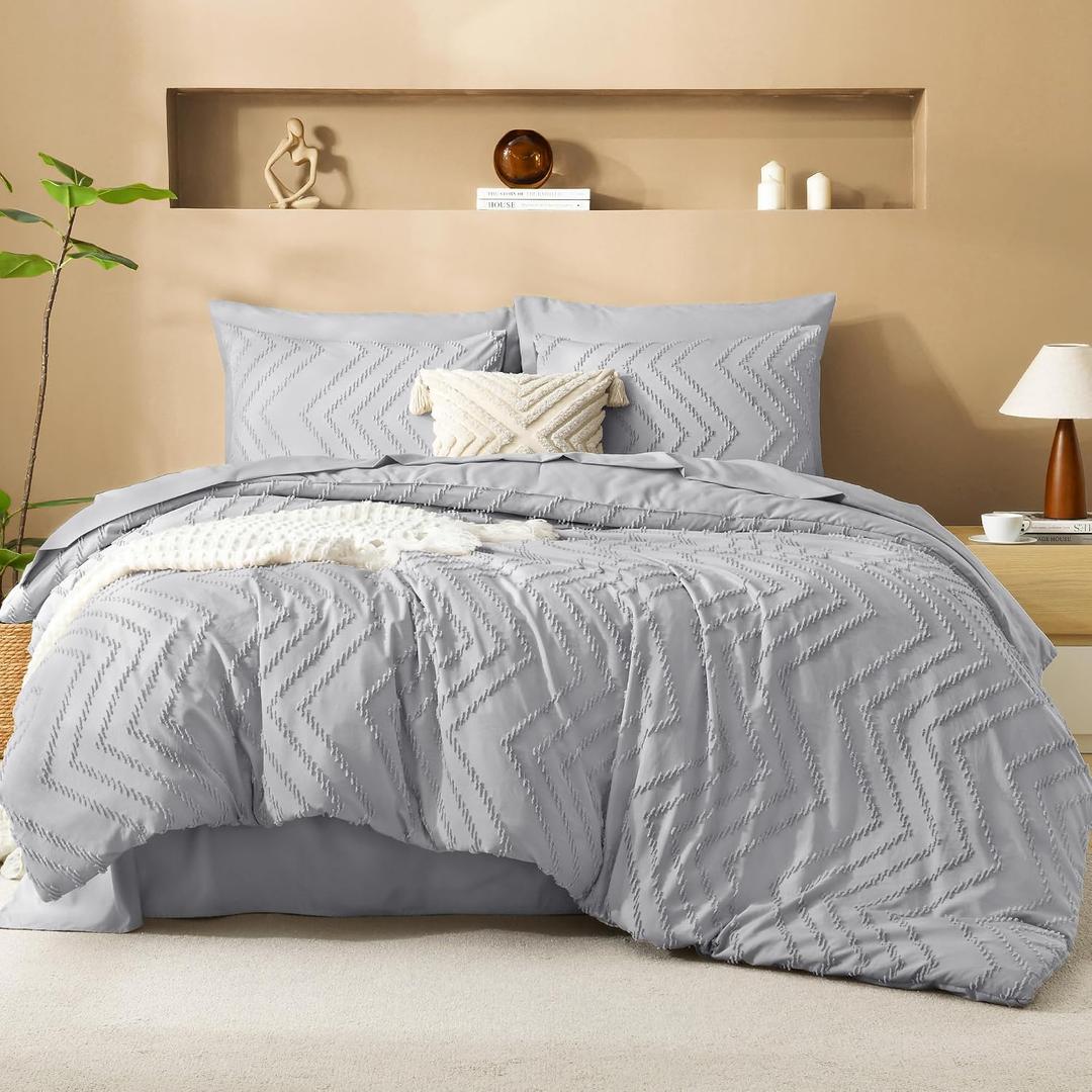 Litanika Light Grey Queen Size Comforter Set with Sheets - 7 Pieces Bed in a Bag Queen Boho Tufted Complete Bedding Sets with Comforter, Sheets, Pillowcases & Shams