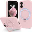 Compatible with iPhone 17 Case Stand, Slim Comfortable Liquid Silicone Phone Cases Fit for iPhone 17 Compatible with MagSafe Magnetic Ring Kickstand Stand Case Full Camera Protection, Pink