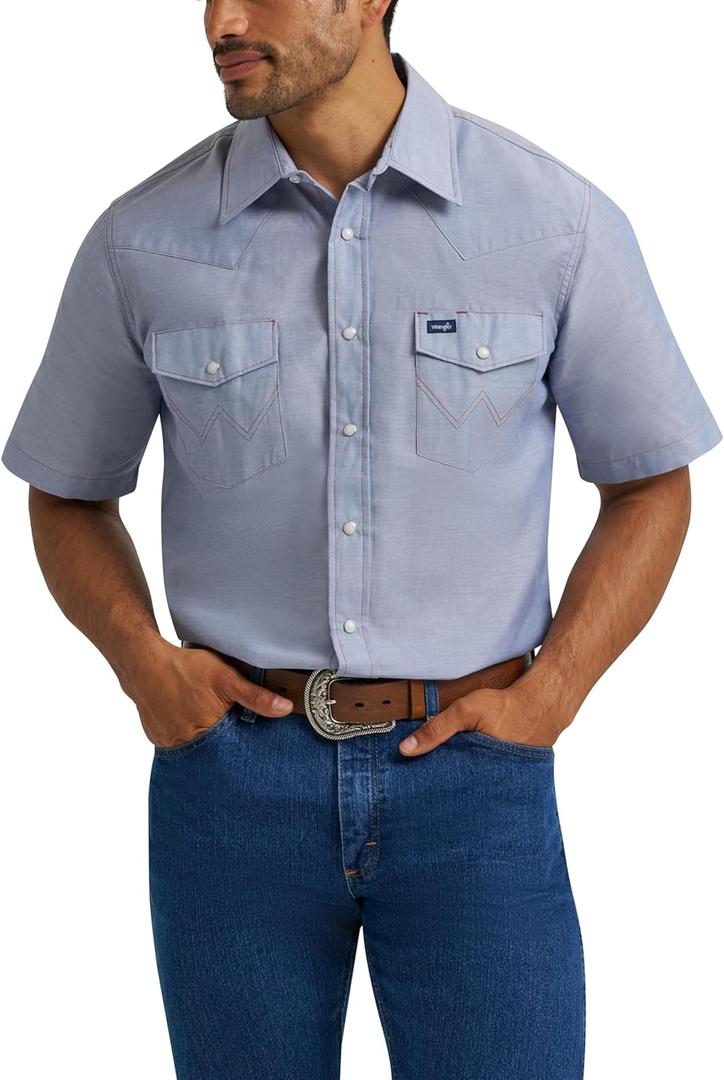 Wrangler Men's Short Sleeve Western Snap Work Shirt, Chambray Blue, Medium Tall