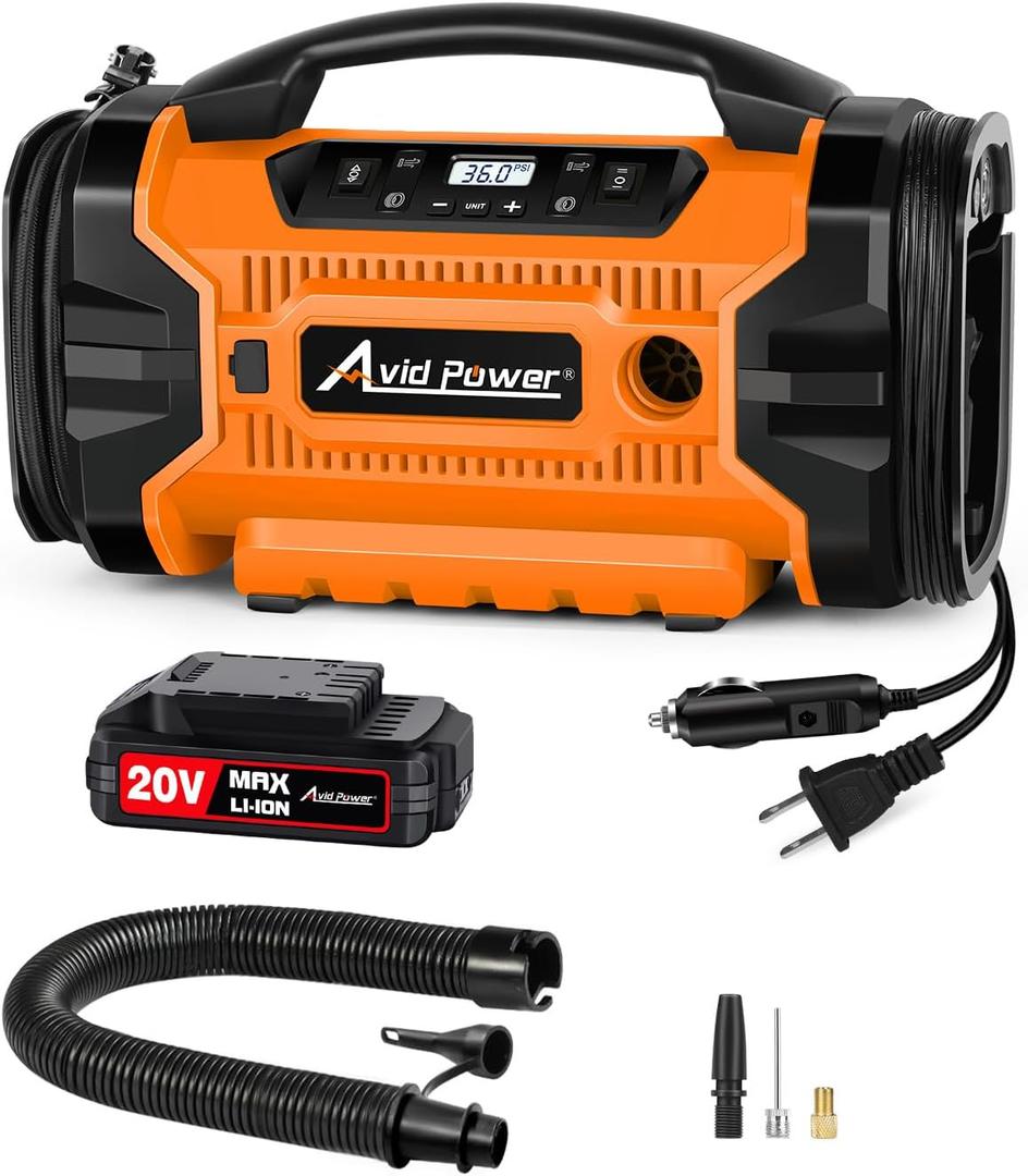 AVID POWER Tire Inflator Air compressor Portable w/ 3 Power Source (110V AC, 12V DC, 20V Battery), Car Tire Pump w/Inflation & Deflation Modes, Dual Powerful Motors (Orange)