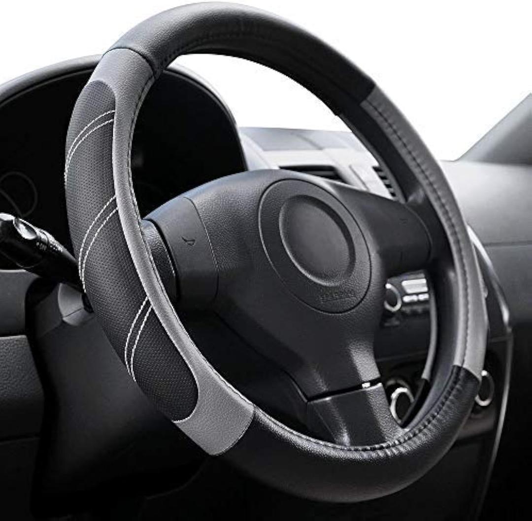 Elantrip Leather Large Steering Wheel Cover 15 1/2 to 16 inch Soft Grip Breathable for Car Truck SUV Jeep Anti Slip Black and Gray