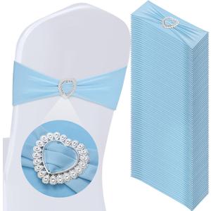 VitalCozy 50 Pcs Spandex Chair Sashes with Heart Shaped Buckle Slider Stretch Chair Cover Band Universal Elastic Chair Ties for Wedding Banquet Event Party Decoration(Sky Blue)