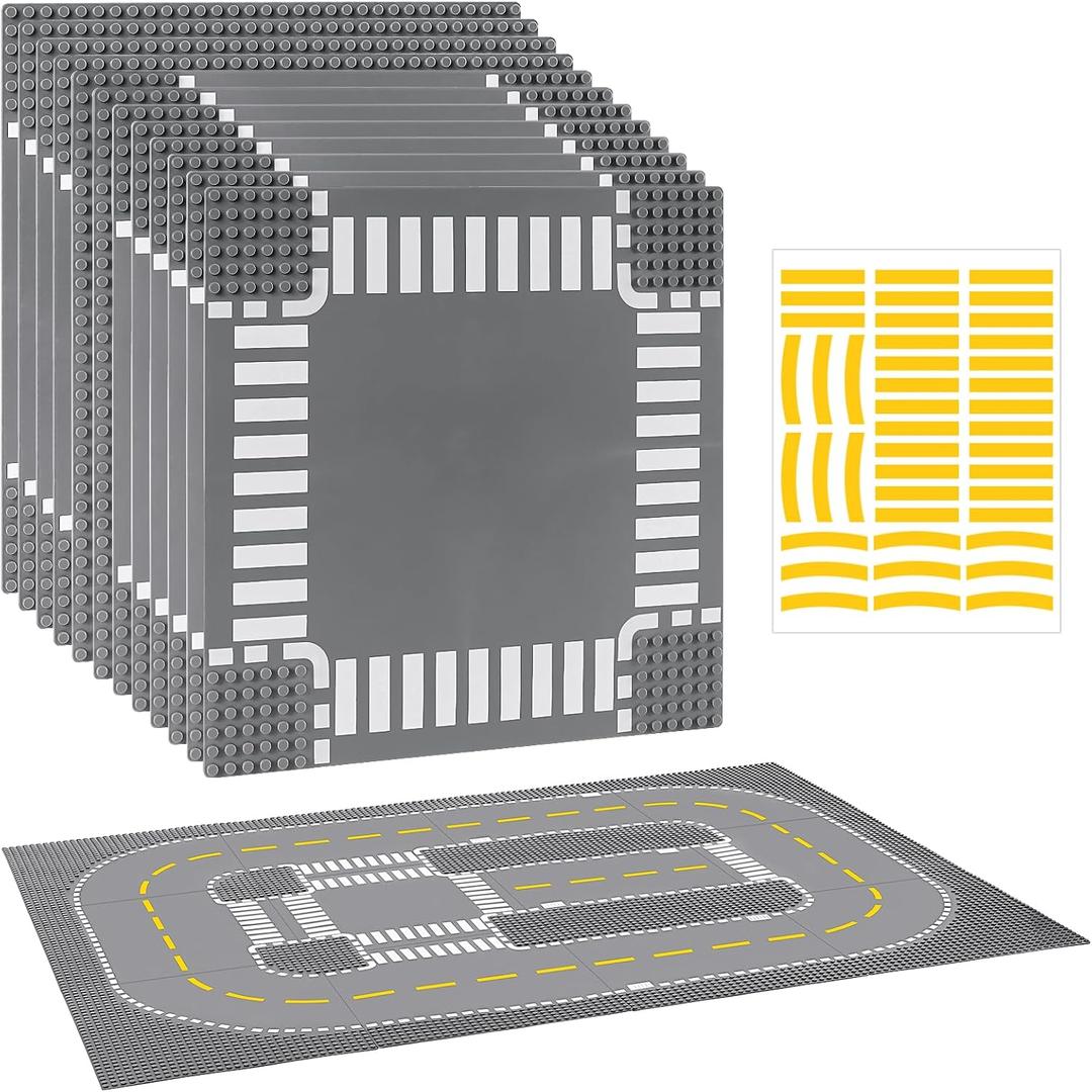 12 Pack Road Base Plates for Building, Compatible with Lego Classic Bricks, 10 x 10 Baseplates Fits for Lego Roads, Road Base Plates for City Sets (Attached DIY Stickers)