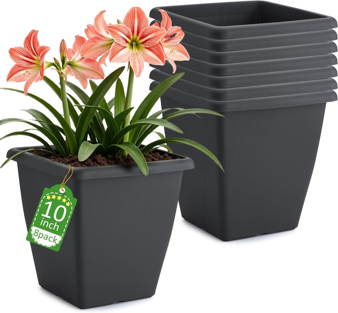 RooTrimmer 8 Pack 10 Inch Tall Square Planter Without Saucers Black