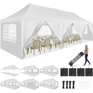 HOTEEL 10x30 Pop Up Canopy with Walls Party Tent Event Tent UPF 50+ Windproof Waterproof Wedding Tents for Parties Gazebo Canopy with Roller Bag & 4 Weights Bags,White