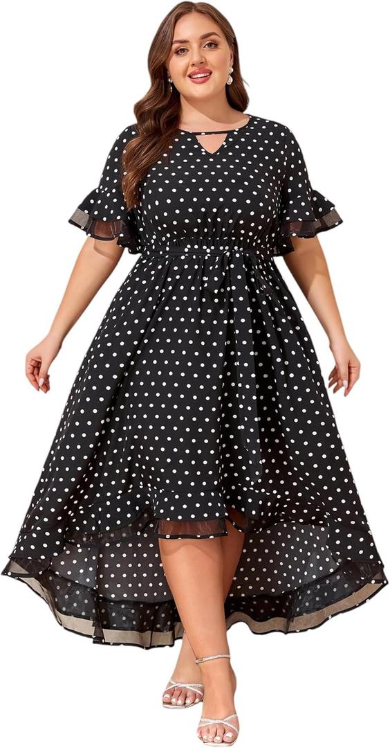 ZNU Womens Plus Size Evening Party Dresses Elegant Retro Cocktail Dress 2025 Summer Mesh Ruffle Sleeves Flowy Maxi Dress (0X, Black)