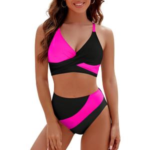 Blooming Jelly Womens High Waisted Bikini Sets Criss Cross Two Piece Swimsuits Color Block Full Coverage Bathing Suits (X-Large, Black Pink) Blooming Jelly Womens High Waisted Bikini Sets Criss Cross Two Piece Swimsuits Color Block Full Coverage Bathing Suits (X-Large, Black Pink)