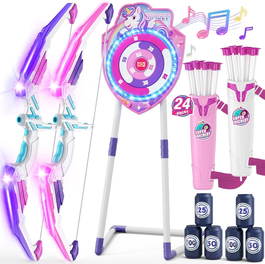 2 Pack Bow and Arrow for Kids, LED Light Up Unicorn Archery Set with 24 Suction Cup Arrows, 1 Standing Glow Target, 6 Score Targets & 2 Quivers, Indoor Outdoor Sport Toys for Girls Ages 4-12