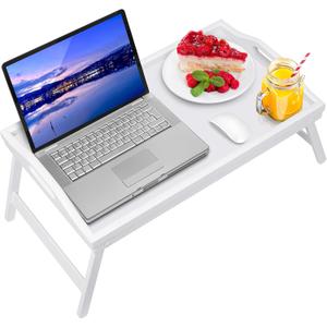 Bed Tray Table Bamboo Breakfast Food Tray with Folding Legs Kitchen Platters Serving Plate for Bed TV Table Desk Laptop ComputerWhite Large