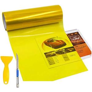 KOMAS 12 X 48 Tint Vinyl Film Sticker Sheet Roll for Car Headlight, Tail Lights, Fog Lights with Squeegee + Cutter (Glossy Yellow)