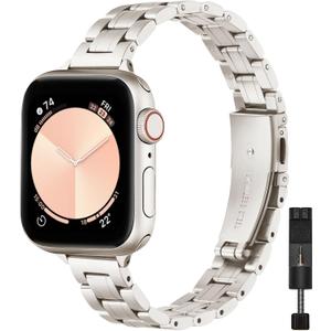 STIROLL Thin Replacement Band Compatible for Apple Watch 38mm 40mm 41mm 42mm(Series 10), Stainless Steel Metal Wristband Women Men for iWatch Ultra SE Series 9/8/7/6/5/4/3/2/1, Starlight
