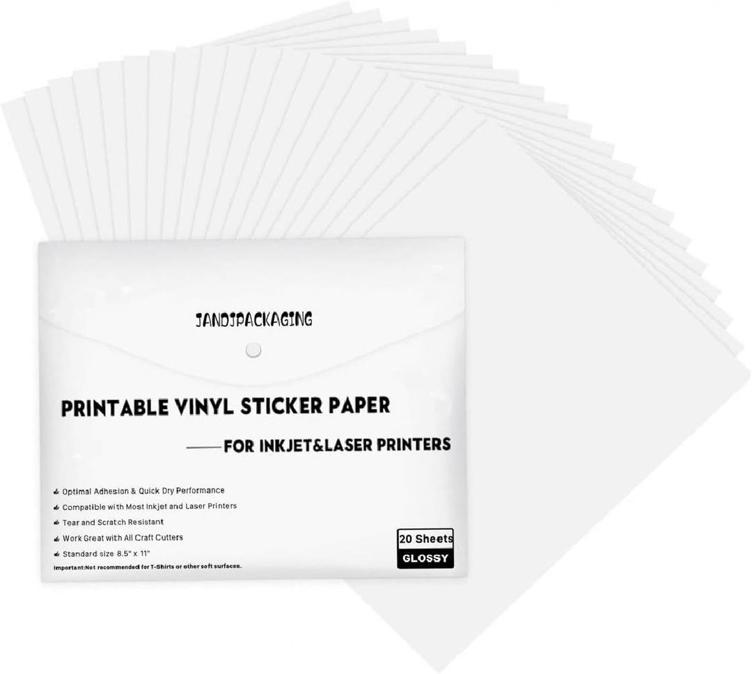 Printable Vinyl Sticker Paper for Inkjet Printer - 8.5"x11" 20 Sheets - Glossy White Printable Vinyl Sheets by JANDJPACKAGING
