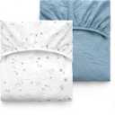 Momcozy Muslin Standard Fitted Crib Sheets, 52"x28", Only 1 Pack Soft Breathable Natural Cotton Baby Mattress Sheet, 360° Mattress Wrapping No Slip Boys Girls Neutral Toddler Bed Sheet, Blue Star Moon