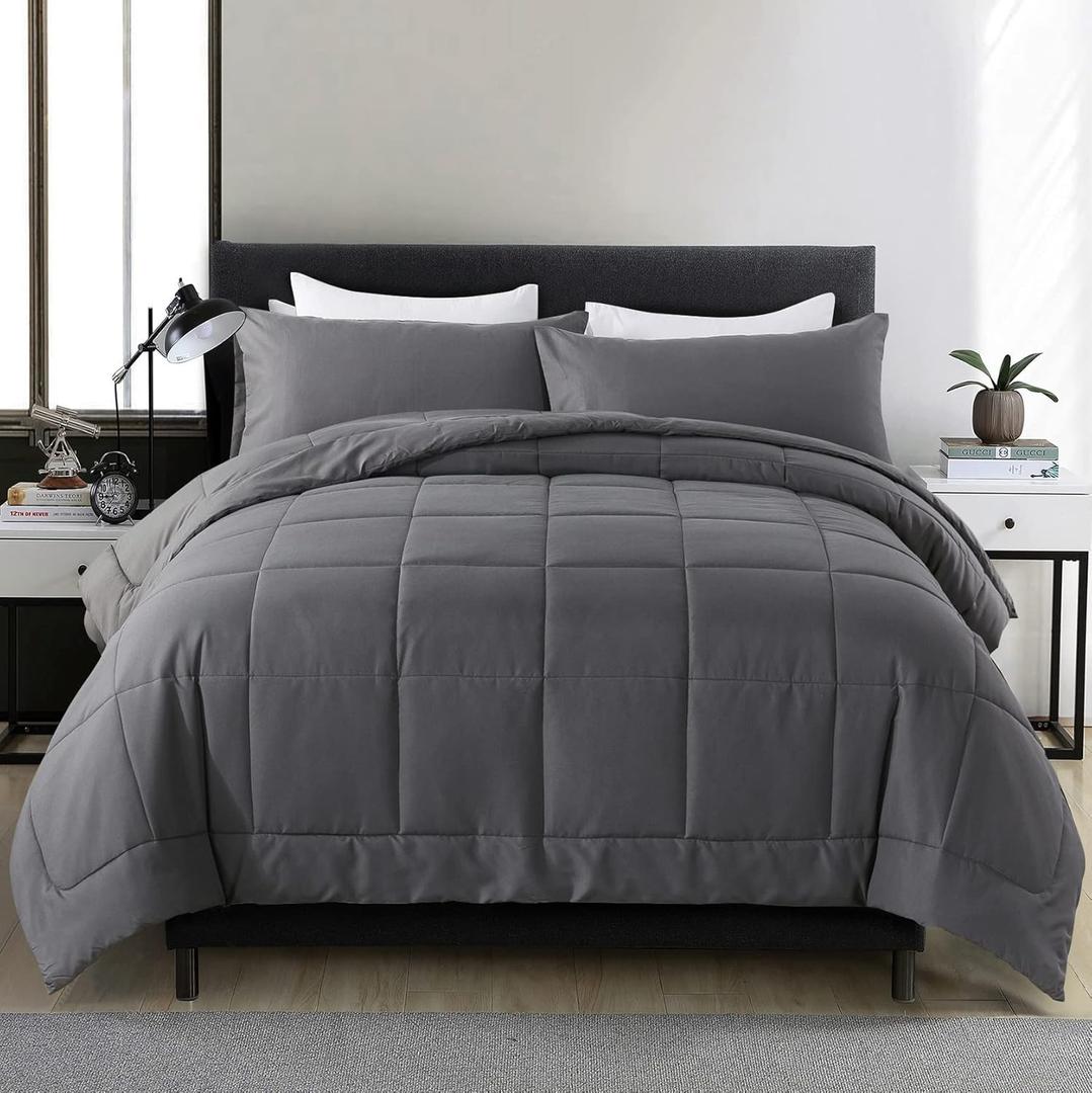 DOWNCOOL King Size Comforter Set -All Season Bedding Comforters Sets with 2 Pillow Cases -3 Pieces Bed Set Down Alternative King Bedding Set -Grey King Comforter Set(102"x90")