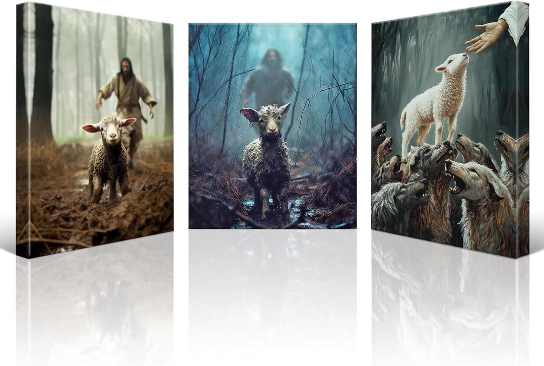 OTOSTAR 3 Pieces Wall Art Canvas Prints - Jesus and Lamb Redemption Picture Painting - God Religious Belief Wall Artwork for Church Bedroom Living Room Home Decor - 12 x 16 Inch