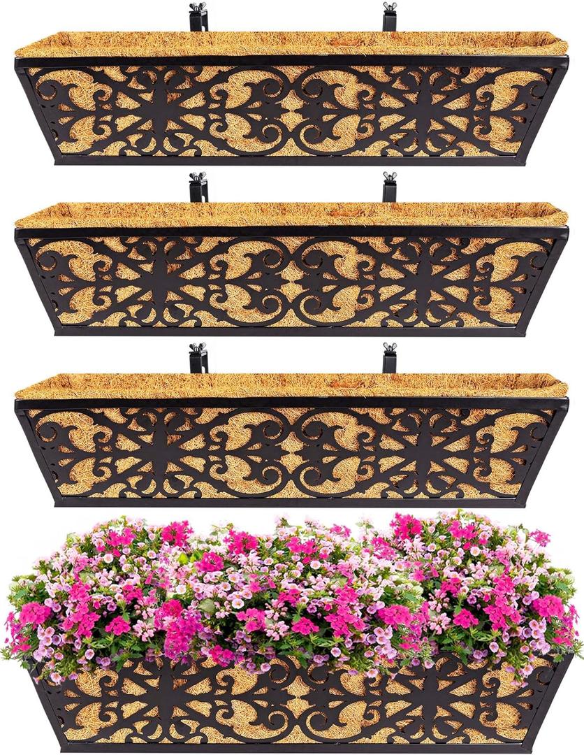 4 Pack 24 Inch Window Boxes Planters Railing Planter Box with Adjustable Brackets & Coco Liners Fabric Plant Grow Bags Deck Railing Planter Boxes Balcony Hanging Flower Box for Outdoor Plants