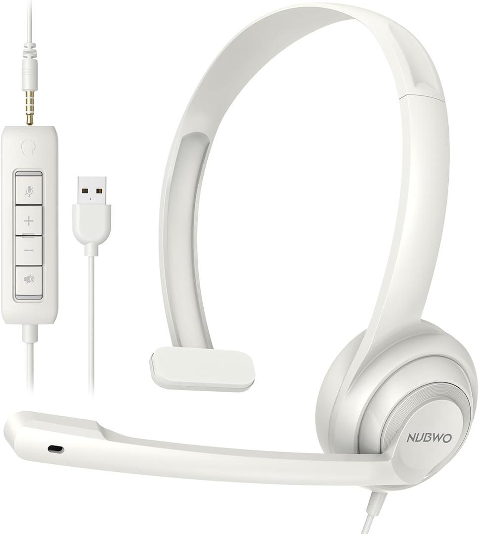 HW02 USB Headset with Microphone Noise Cancelling & in-line Control, Super Light, Ultra Comfort On-Ear Wired Office Call Center Headset for Boom Skype Webinars (White)