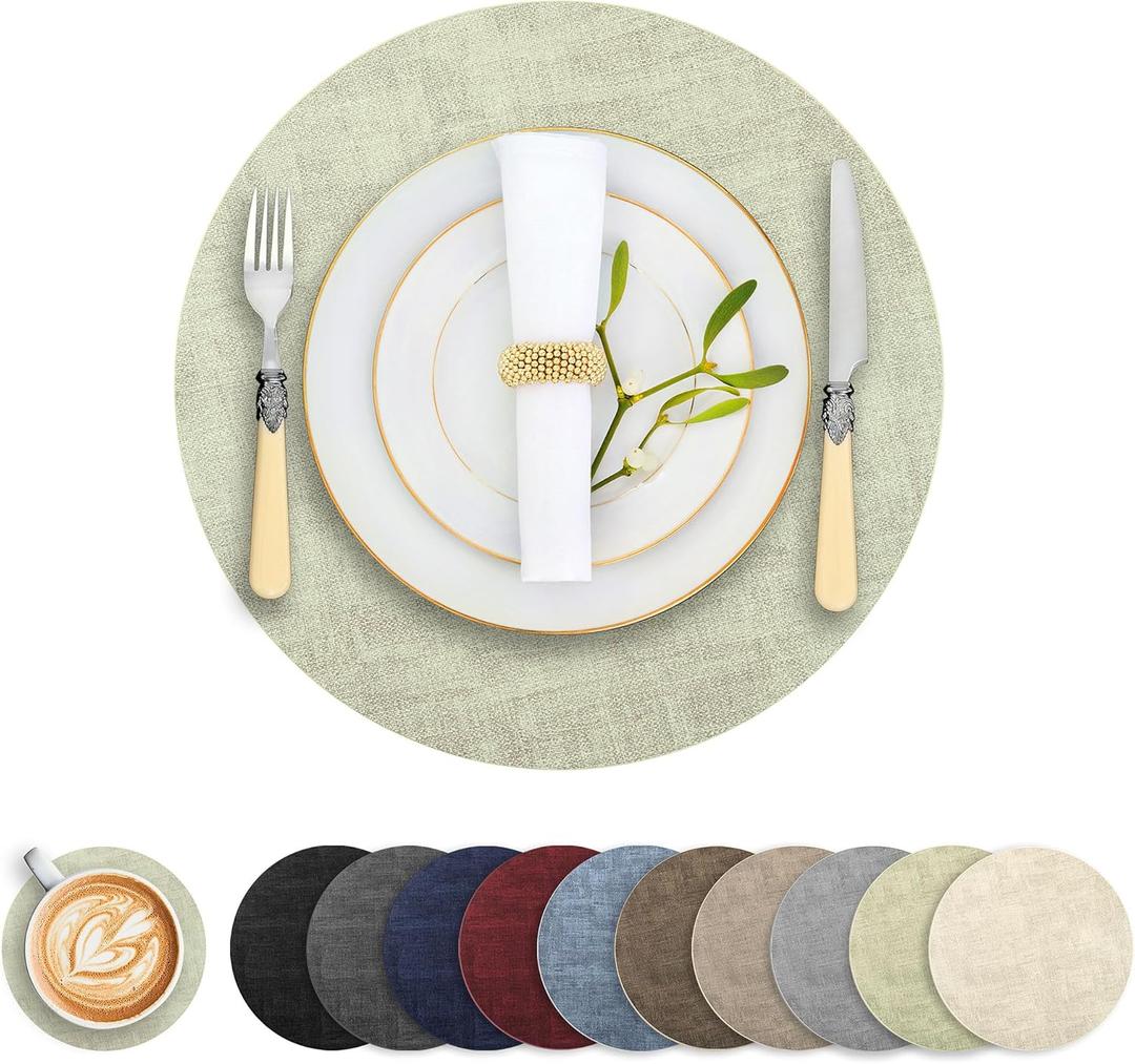 Round Faux Leather Placemats and Coasters, Set of 4, Reversible Heat Resistant Non-Slip Table Mats, Waterproof Wipeable Place Mats for Dining Table, Washable for Indoor & Outdoor (4, Light Green)