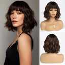Short Highlight Wig with Bangs for Women Brown Mixed Gold Wig Highlights Medium Length Synthetic Hair Wavy Bob Wig Colorful Wigs 14 Inches