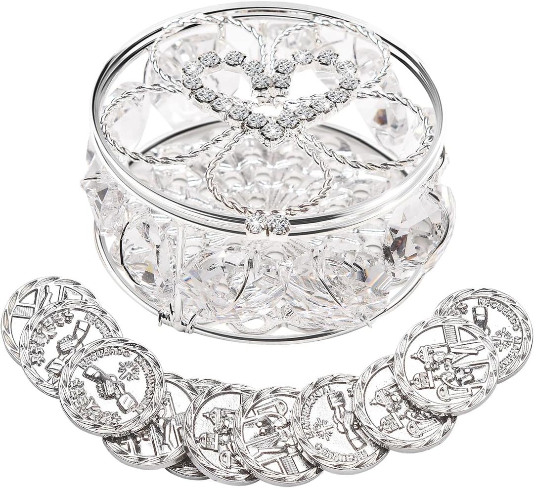 ESNOY Wedding Arras Coins Sets, Arras De Boda Catolica, Arras Para Boda Catolica Silver Gifts Box with 13 Coins Decorative Rhinestone Crystals,Arras De Boda Cristiana