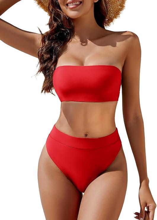 YACUN Women's High Waisted Bikini Swimsuit Two Piece Strapless Bandeau Cheeky Bathing Suits (Small, Red)