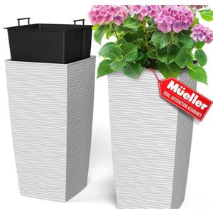 Mueller Janska M-Resin Heavy Duty Tall Planter, Indoor/Outdoor Grande Plant, Tree, Flower Pot, 2-Piece Set, 18”, Modern Design, Built-in Drainage, White