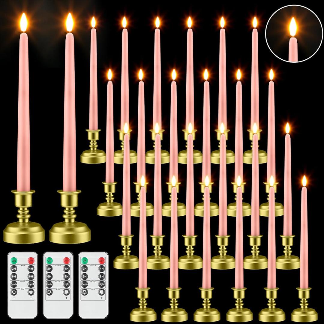 24 Pack Flameless Taper Candles with Remote Control and Timer Flickering LED Taper Candles Realistic 3D Flame LED Window with Base Holiday Wedding Home Decor(Pink)