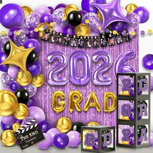 Party Spot2026 Purple and Gold Graduation Party Decorations,124 PCS Graduation Decorations Class of 2026,4 PCS Balloons Boxes with LED Light String & Letters 2026 GRAD So Proud of You