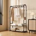 Sturdy metal clothes rack,Black freestanding clothing rack with bottom shelves and 6 side hooks,garment rack for hanging clothes,Modern wardrobe rack for Bedroom or cloakrooms