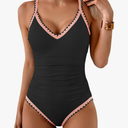 One Piece Swimsuit for Women Tummy Control Color Block Bathing Suit V Neck Shell Stitched Tie Back Swimwear, L