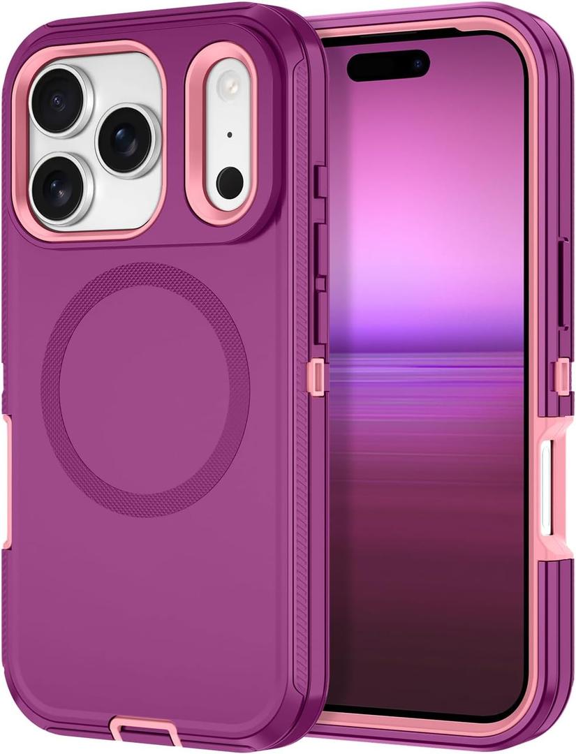I-HONVA for iPhone 17 Pro Case [Compatible with MagSafe] Shockproof 3-Layer Full Body Protection [Without Screen Protector] Rugged Heavy Duty Cover Case for Apple iPhone 17 Pro 6.3" 2025,Purple/Pink
