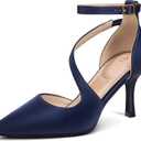 mysoft Women's Pumps Pointed Toe Stiletto Ankle Strap Closed Toe Low Heel Wedding Party Dress Shoes (8, Navy)