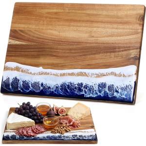 Hushee Acacia Wood Cutting Board with Blue Resin Wave, 14 Inch Rectangular Decorative Charcuterie Board, Dual-sided Cheese Serving Tray for Mother's Day, Housewarming Birthday Kitchen Decoration