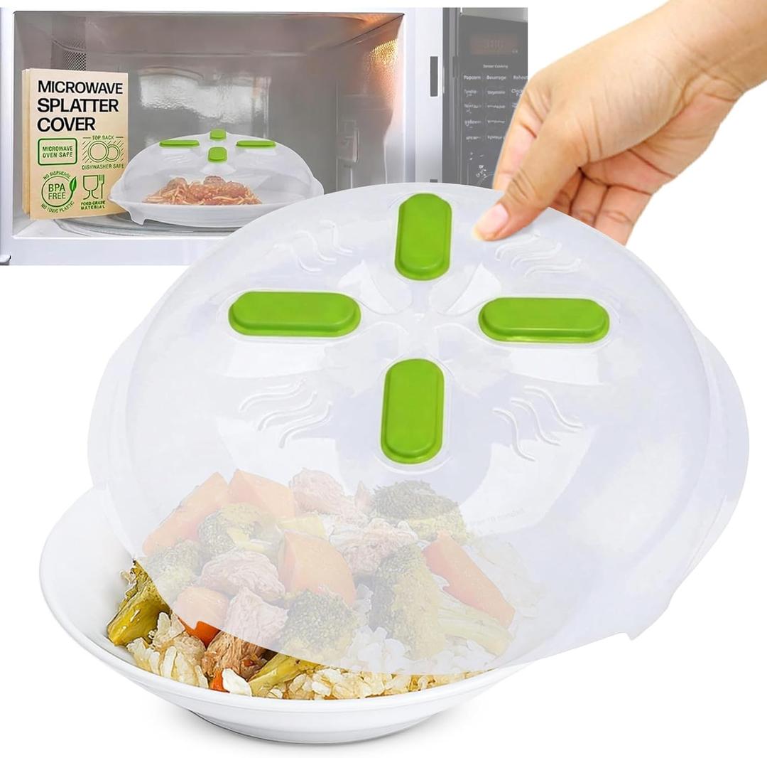 HOVER COVER Magnetic Microwave Cover for Food | Clear Microwave Splatter Cover | Microwave Plate Cover with Steam Vents | Food Grade Dish Cover | BPA-Free | Dishwasher Safe | Green