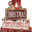 Moucuny 4 Pcs Christmas Hot Cocoa Table Decor Christmas Wooden Decorative Signage Hot Cocoa Tiered Tray Decor Xmas Centerpieces Farmhouse Wooden Block Set Xmas Table Sign for Home