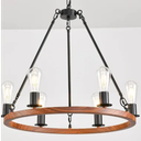 Wagon Wheel Chandelier 25-Inch 6-Light,Small Round Rustic Farmhouse Chandelier Metal Circle Chandeliers for Dining Room Living Room High Ceilings,Wood-Grain Surface