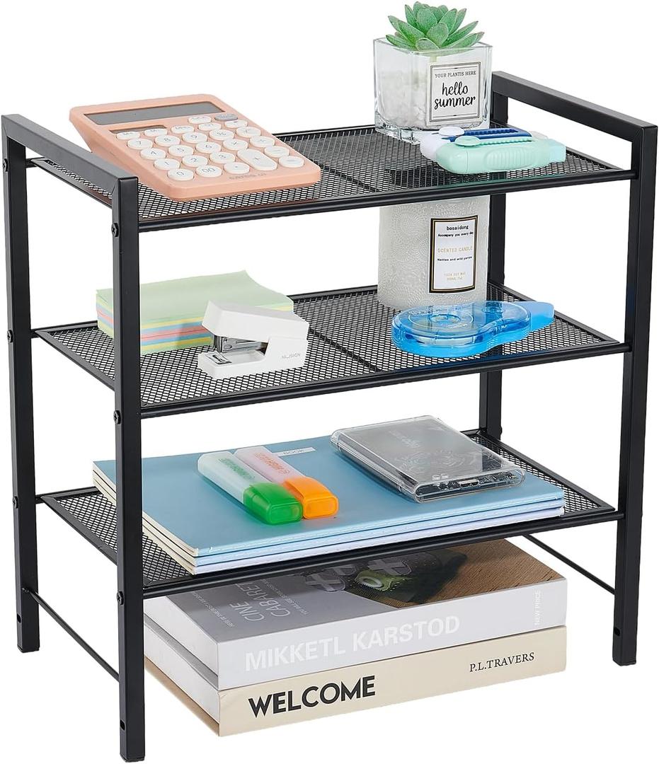 Desktop Shelf Organizer, 3-Tier Office Storage Rack, Adjustable Metal Bookshelf for Top of Desk, Desk Organizer for Office, Home, Dorm and Small Spaces (Black)