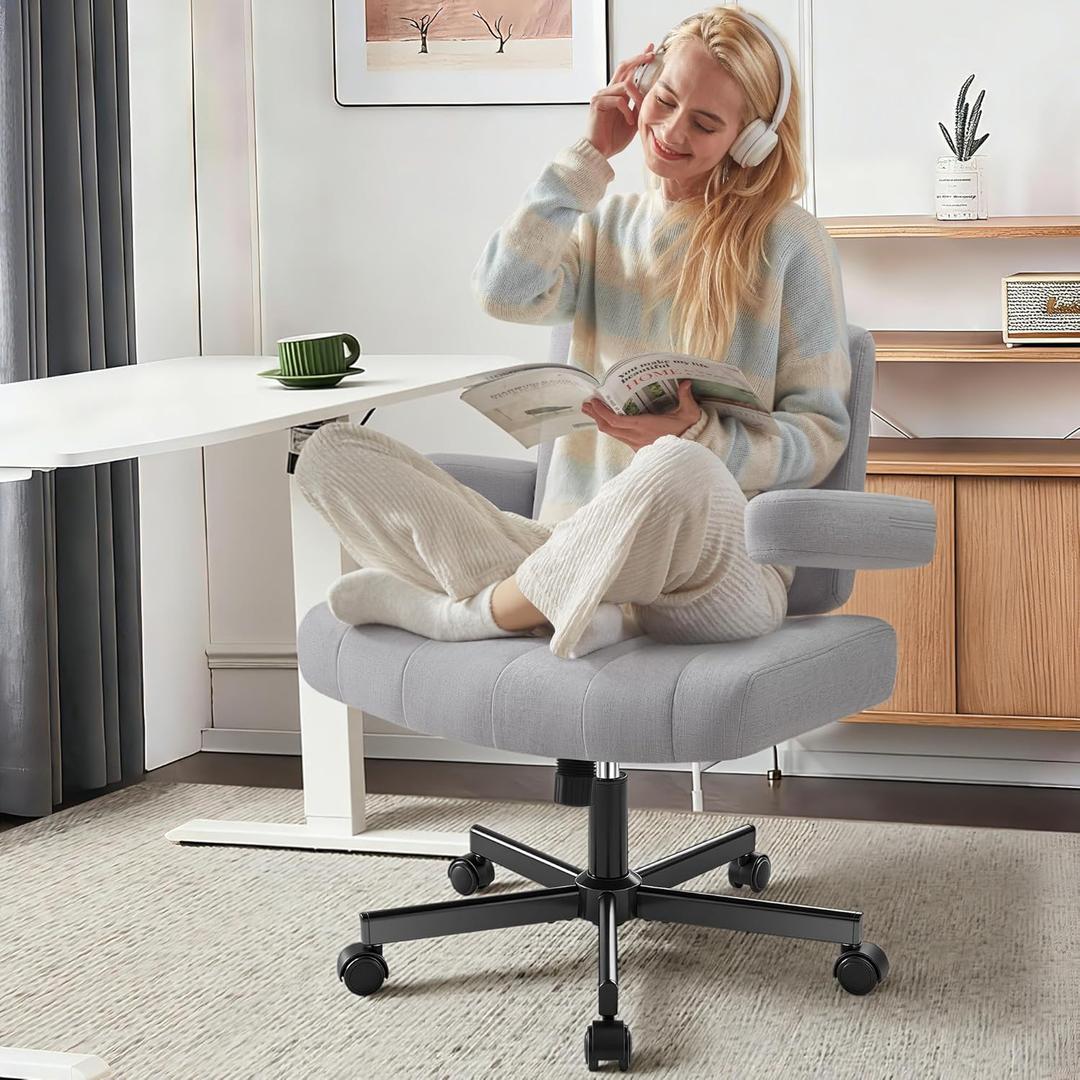 Criss Cross Chair with Wheels - Wide Seat Cross Legged Office Chair with Flip-up Arms - Comfy Swivel Rolling Desk Chair with Thick Cushion and Rocking Function for Home Office Vanity Bedroom (Grey)
