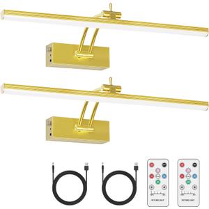 5200mAh Picture Light, Battery Operated Picture Lights for Wall, 16" Remote Dimmable Art Light with Timer for Paintings, 300LM Metal Painting Light for Display, Gallery, 2Pack (Gold-2P (B))