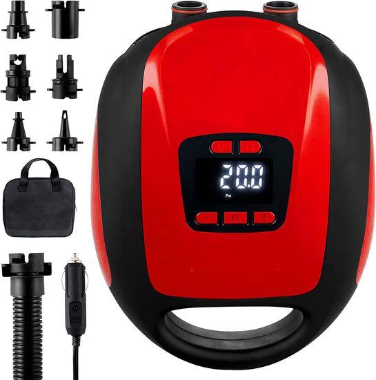 Paddle Board Pump, SUP Electric Pump, Professional 20 PSI Portable Air Compressor with Auto-Off, Deflation Function and 12V DC Car Cigarette Lighter for Inflatables, Kayaks and Boa Red