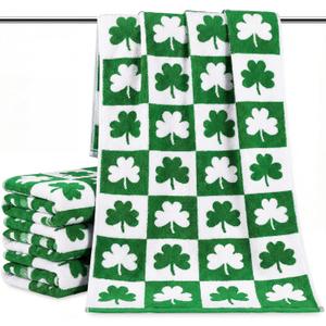 Frienda 4 Pcs St Patrick's Day Hand Towels for Bathroom 13 x 29'' Soft 100% Cotton Green Shamrocks Decorative Towel Absorbent St. Patrick's Day Bathroom Decor for Drying Cleaning Cooking Gift