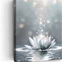 Lotus Flower Bloom in Water Canvas Wall Art Zen Spiritual White Floral Print Painting Pictures Framed Artwork Inspired Wall Art Decor for Zen Meditation Yoga Home Spa Zen Bedroom Bathroom Living Room (16"L x 12"W)