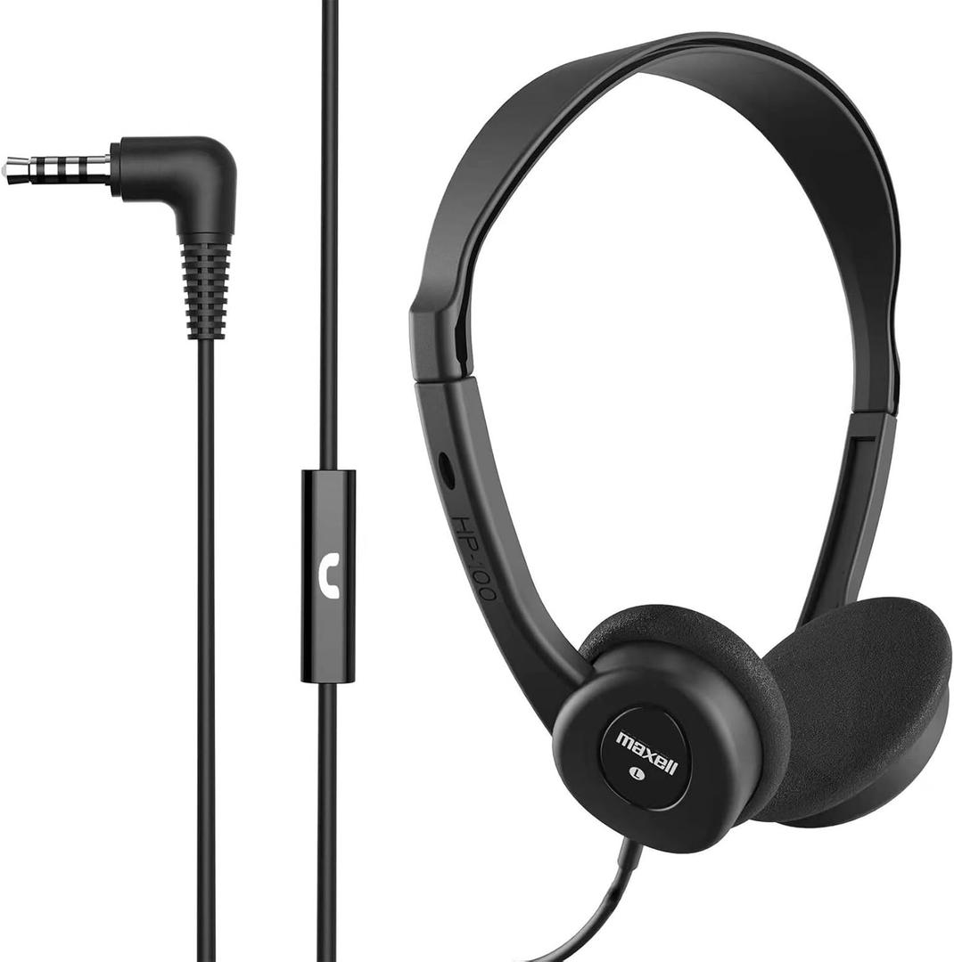 Maxell 199845 6ft Cord Adjustable Headband Wired Headphones with Microphone, Black Sound, Comfortable Fit, and Clear Audio for Calls and Music