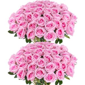 Hananona 50 Artificial Roses in Bulk, Fake Silk Pink Roses Realistic Roses for Wedding Centerpieces Flower Arrangement Home Decor (50, Pink)