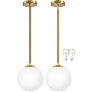 Bagood 10" Globe Pendant Light Gold 2 Pack Mid Century Pendant Light Globe Pendant Lights Kitchen Island Brushed Brass Finished with Milk Glass Adjustable Ceiling Light Fixtures for Dining Room Bar