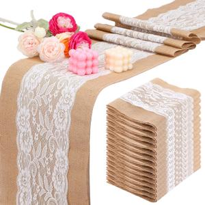 6 Pack Burlap Table Runners with Lace Wedding Rustic Farmhouse Runner for Table 12x71inch Natural Jute Country Vintage Tablecloth for Birthday Party Thanksgiving Wedding Christmas Kitchen Decor